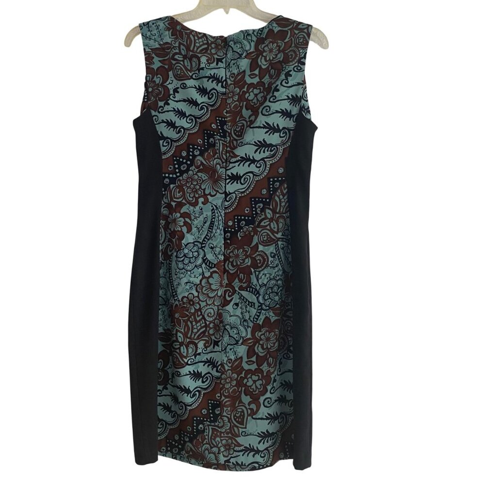 Connected Apparel Teal Sheath Midi Dress Sleeveless Floral Black Brown Sz 8
